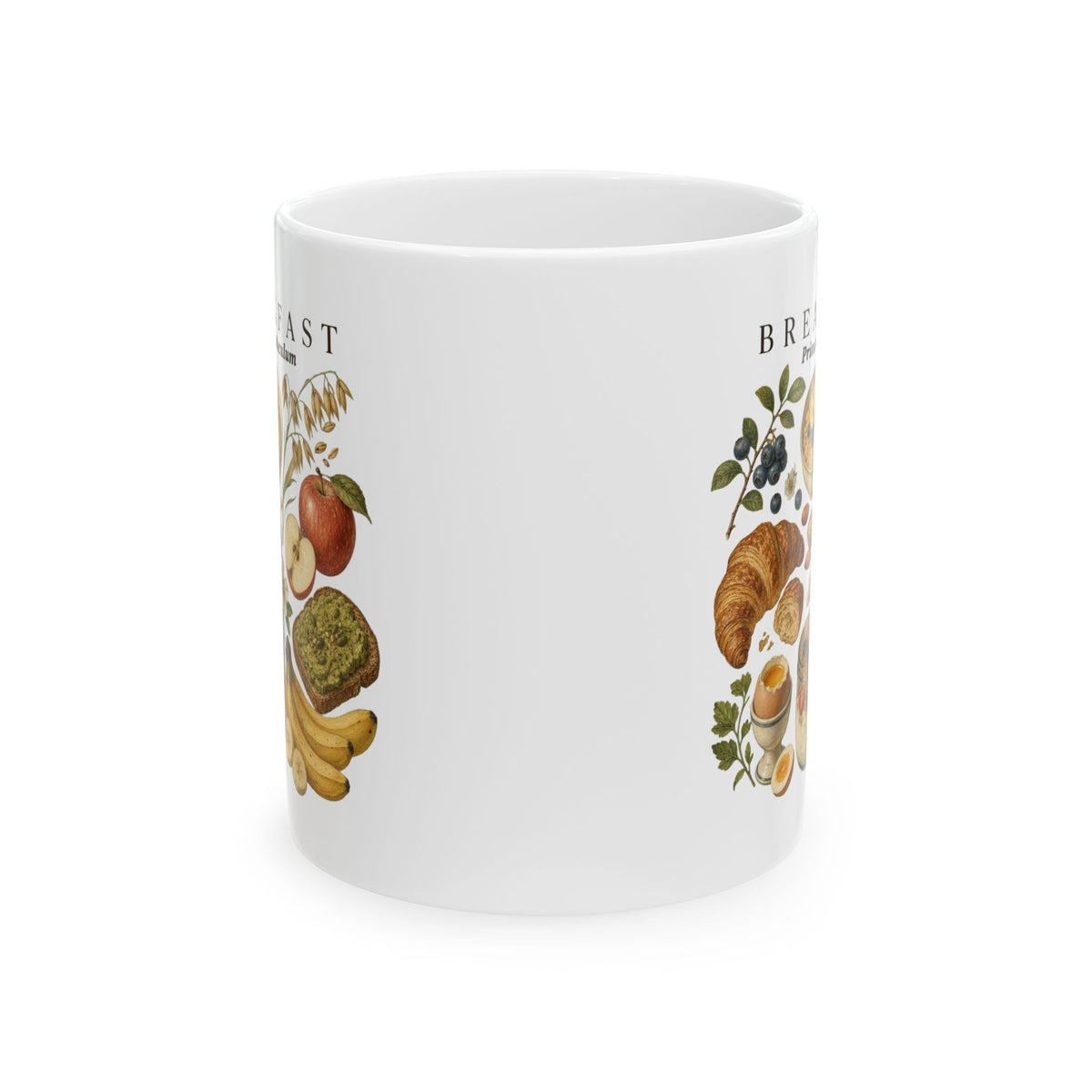 Breakfast Foods Ceramic Mug — Illustrated Fruits, Croissant & Eggs Coffee Cup (11oz/15oz)