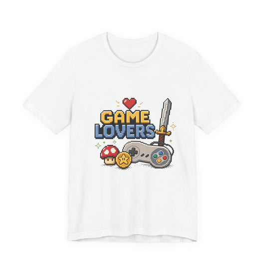 Game Lovers Pixel Art T-Shirt — Retro Controller, Sword & Power-Ups Tee