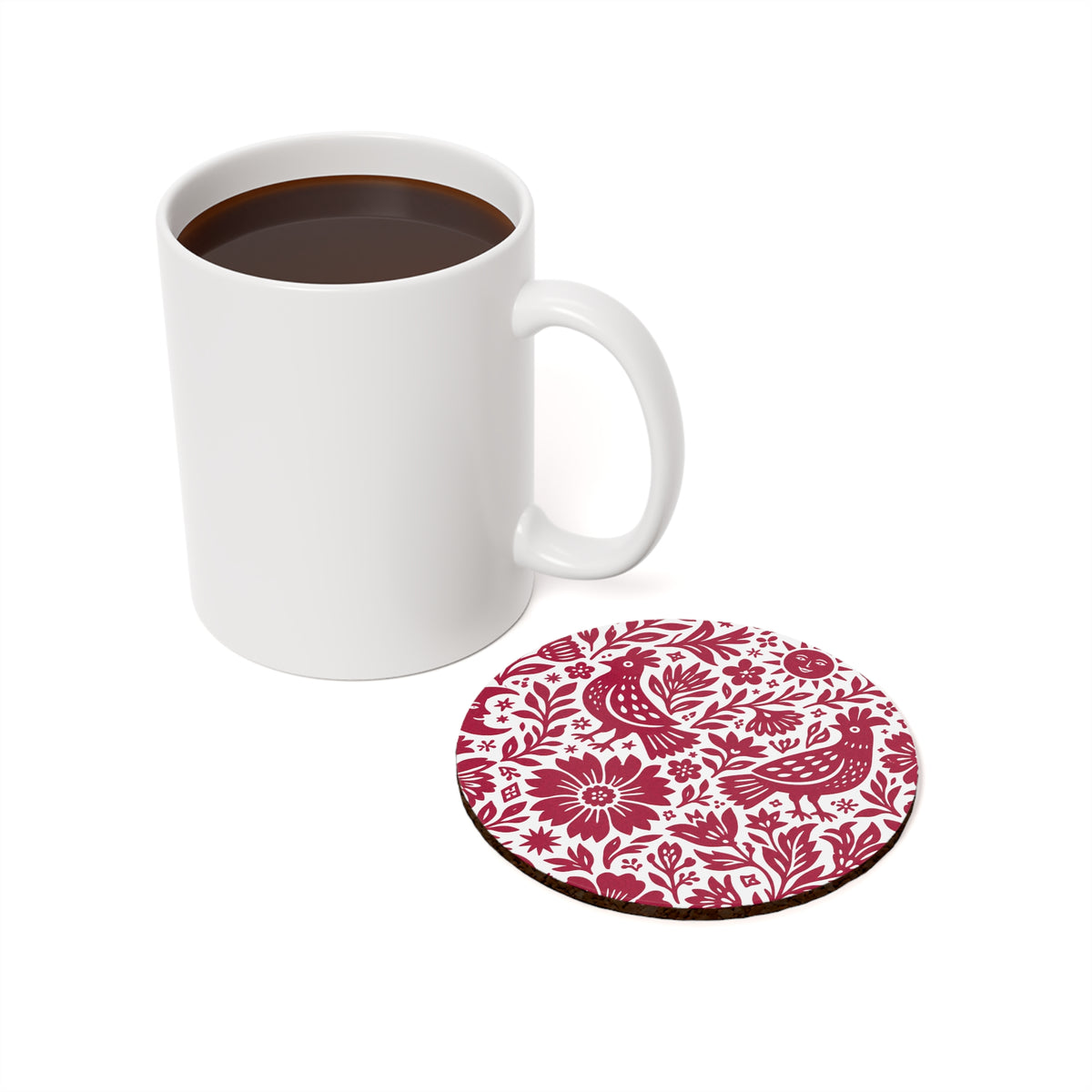Round Cork Coaster — Red Folk Bird & Floral Design