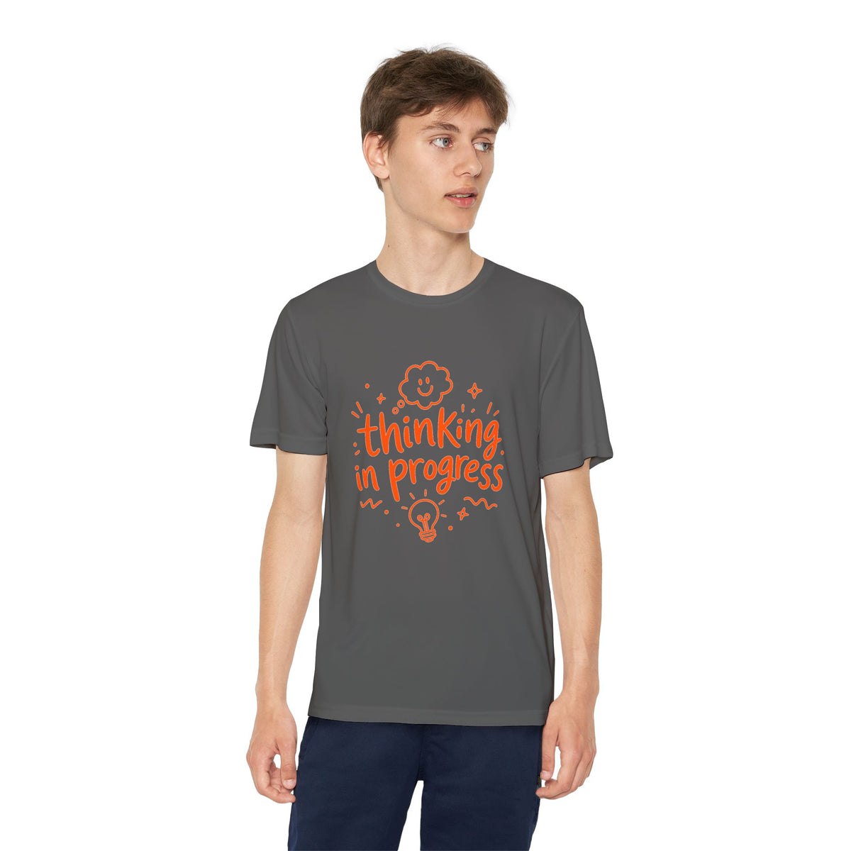 Youth T‑Shirt — "Thinking In Progress" Kids Graphic Tee (Cute Brain & Lightbulb Design)