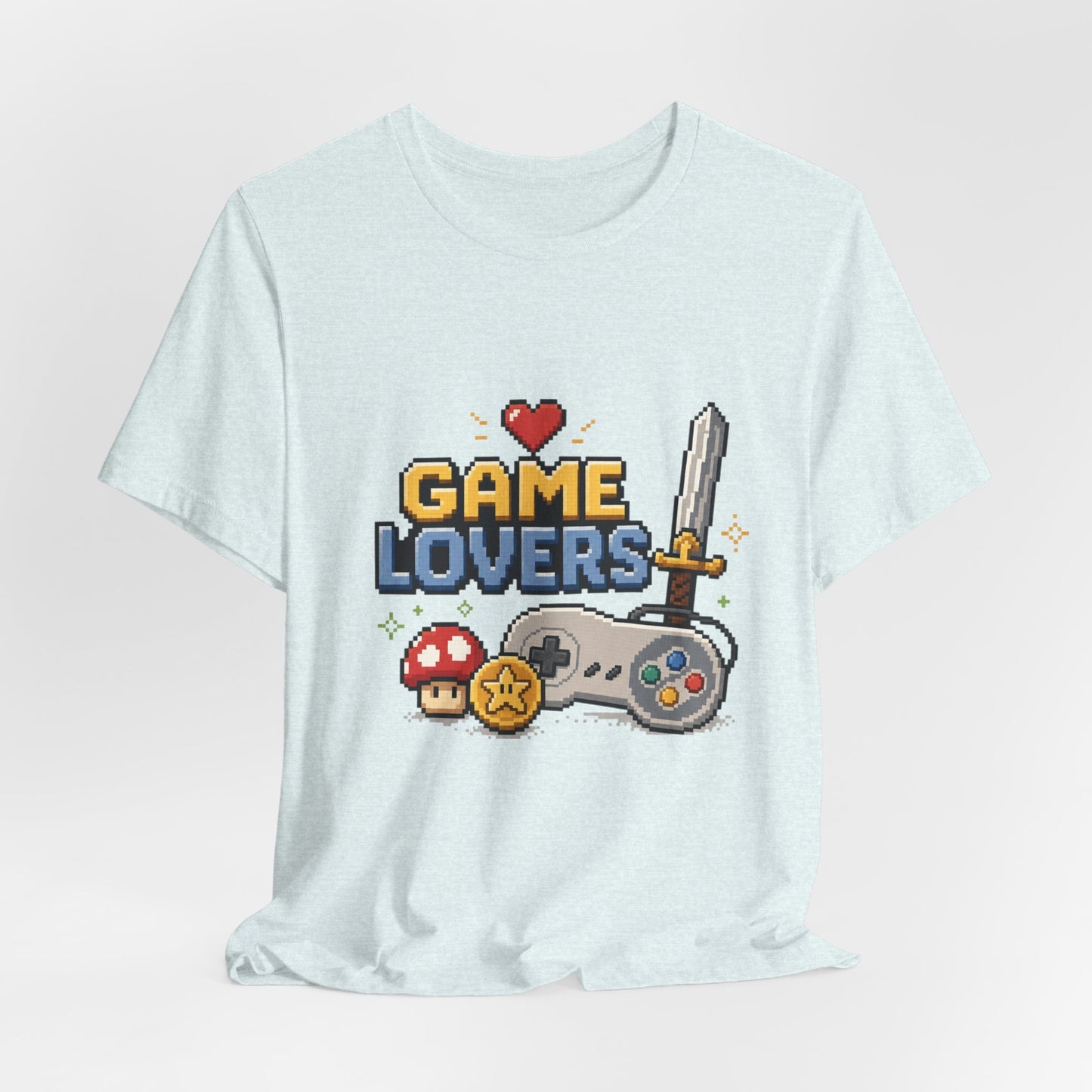 Game Lovers Pixel Art T-Shirt — Retro Controller, Sword & Power-Ups Tee
