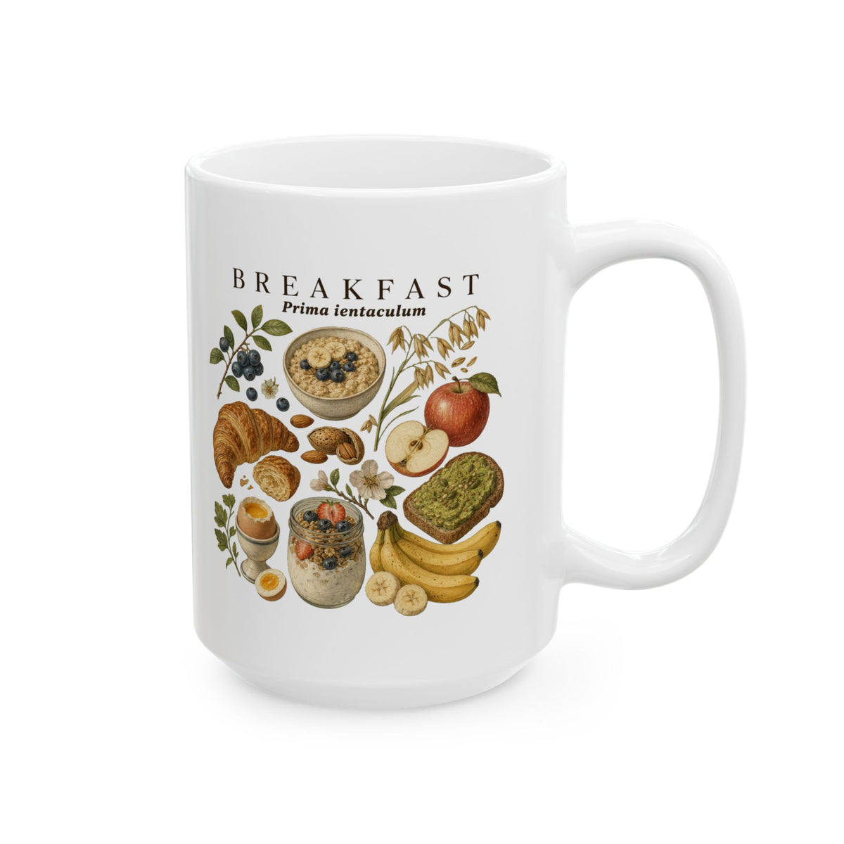 Breakfast Foods Ceramic Mug — Illustrated Fruits, Croissant & Eggs Coffee Cup (11oz/15oz)