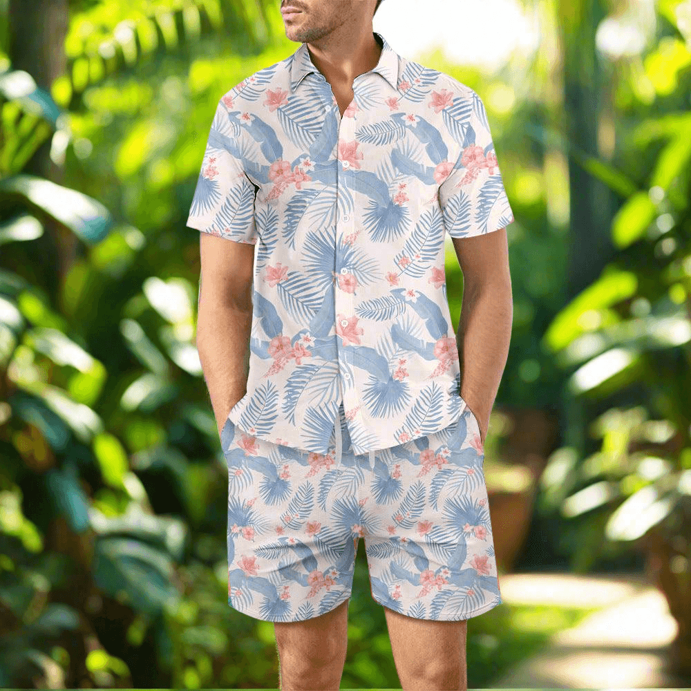 2Pcs Printed Beach Shirt Summer Suit Top And Drawstring Pockets Shorts Casual Short Sleeve Suits For Men Clothing