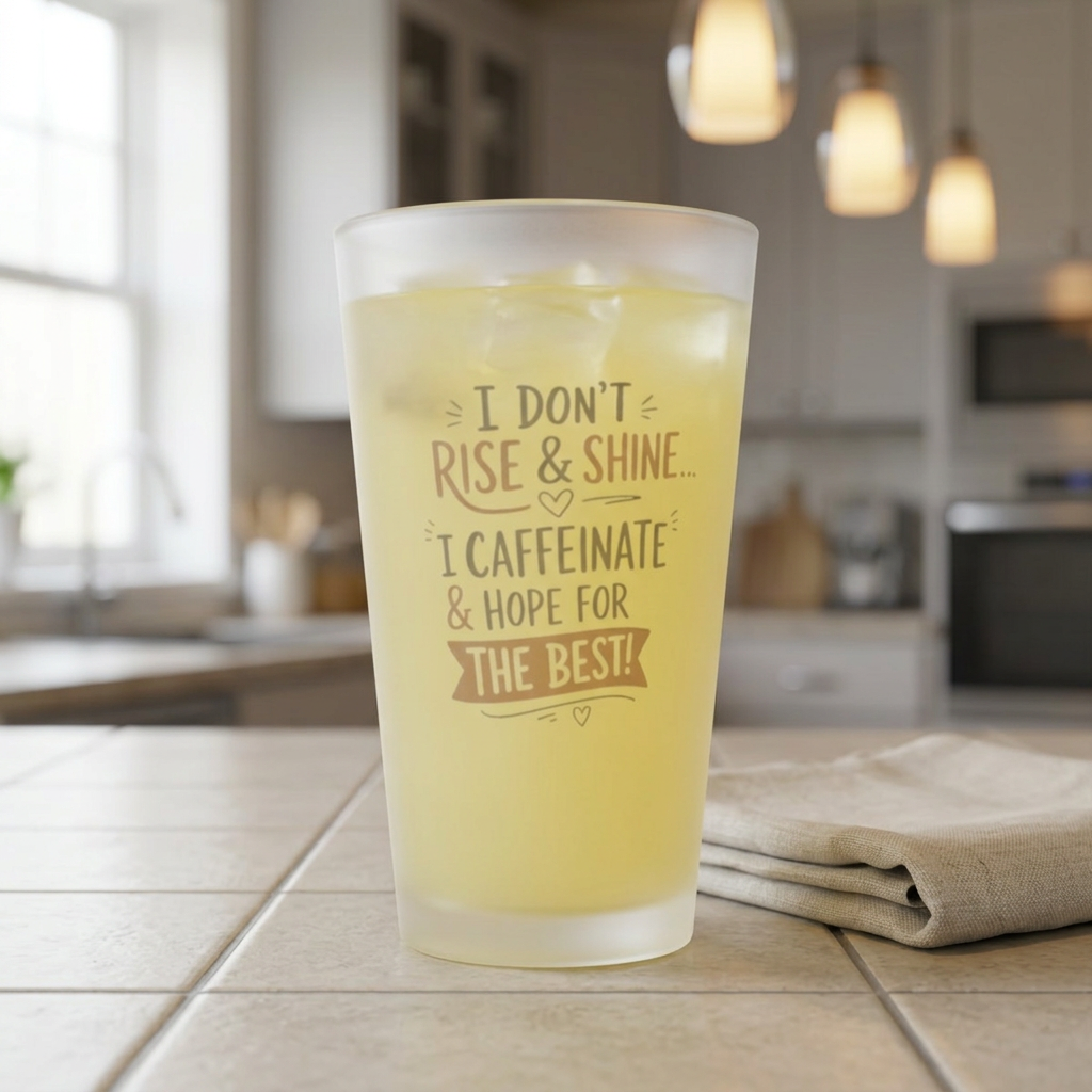 Frosted Pint Glass – "I Don’t Rise & Shine, I Caffeinate & Hope for the Best" 16oz