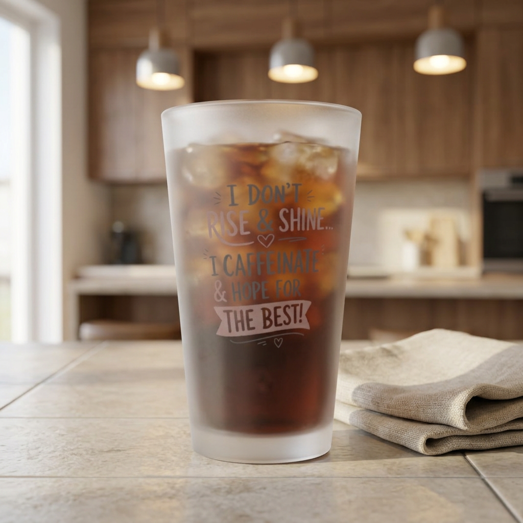 Frosted Pint Glass – "I Don’t Rise & Shine, I Caffeinate & Hope for the Best" 16oz