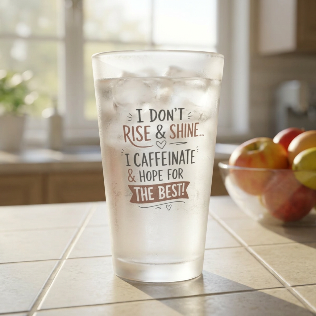 Frosted Pint Glass – "I Don’t Rise & Shine, I Caffeinate & Hope for the Best" 16oz