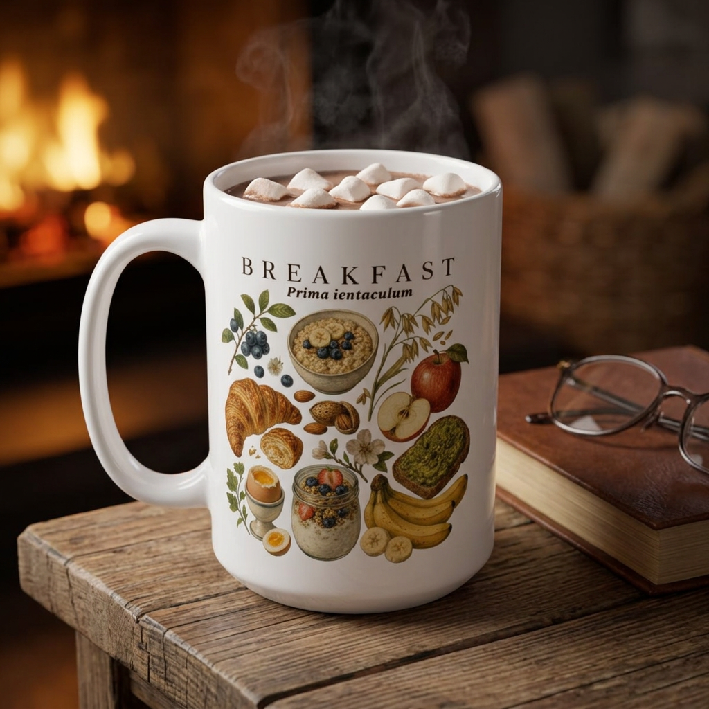 Breakfast Foods Ceramic Mug — Illustrated Fruits, Croissant & Eggs Coffee Cup (11oz/15oz)