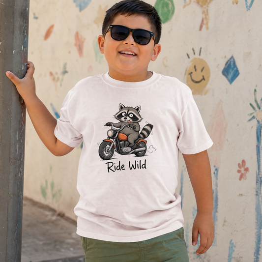 Toddler Tee — "Ride Wild" Raccoon on Motorcycle