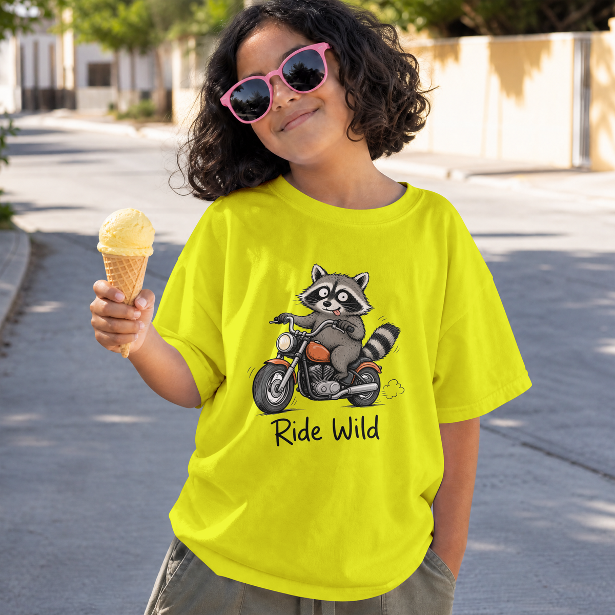 Toddler Tee — "Ride Wild" Raccoon on Motorcycle