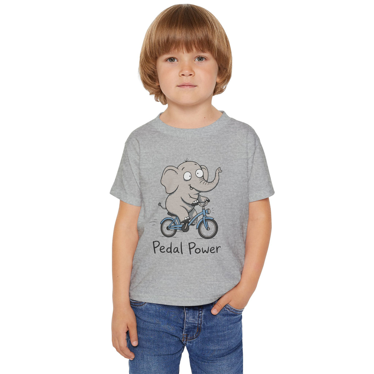 Toddler T‑Shirt — Cute Elephant on Bike “Pedal Power” (Kids’ Cute Bicycle Tee)