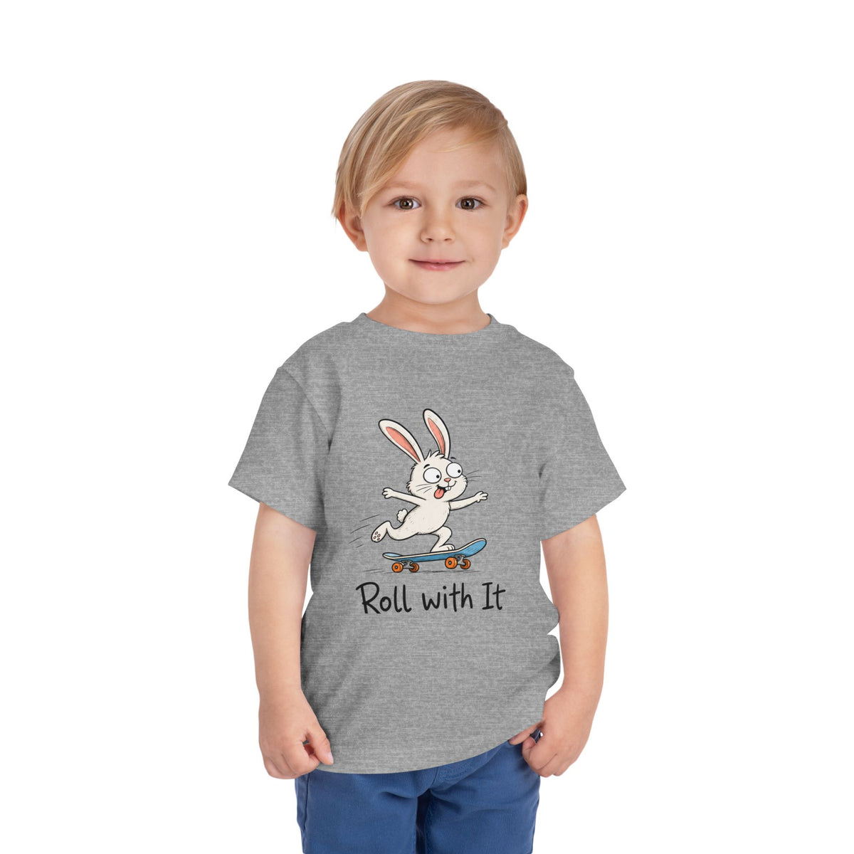 Toddler Tee — "Roll With It" Skateboarding Bunny Kids Shirt