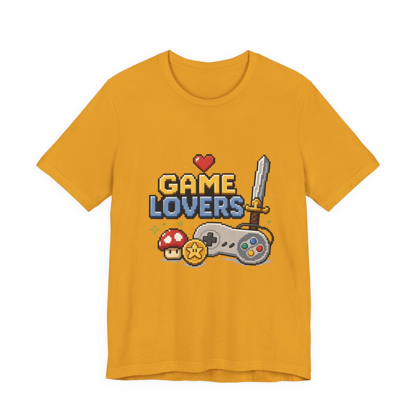 Game Lovers Pixel Art T-Shirt — Retro Controller, Sword & Power-Ups Tee