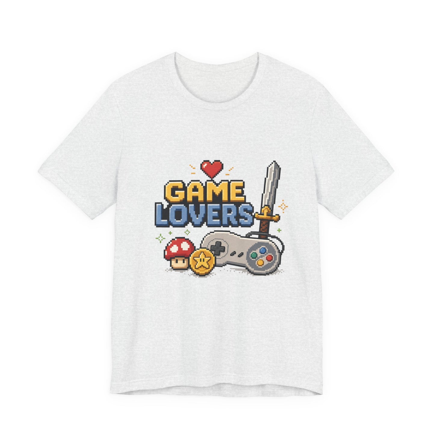 Game Lovers Pixel Art T-Shirt — Retro Controller, Sword & Power-Ups Tee