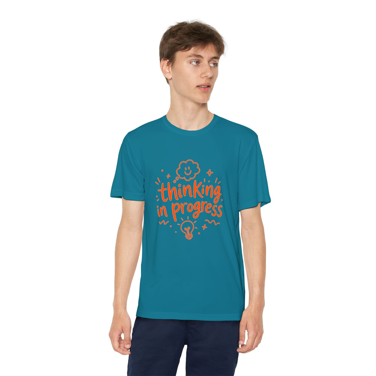 Youth T‑Shirt — "Thinking In Progress" Kids Graphic Tee (Cute Brain & Lightbulb Design)