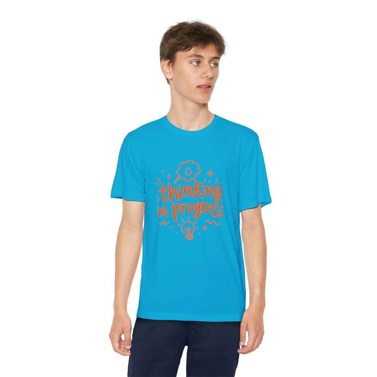 Youth T‑Shirt — "Thinking In Progress" Kids Graphic Tee (Cute Brain & Lightbulb Design)