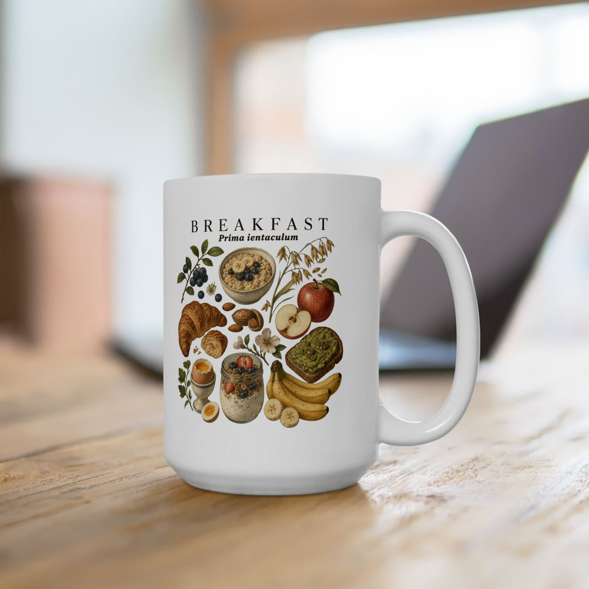 Breakfast Foods Ceramic Mug — Illustrated Fruits, Croissant & Eggs Coffee Cup (11oz/15oz)