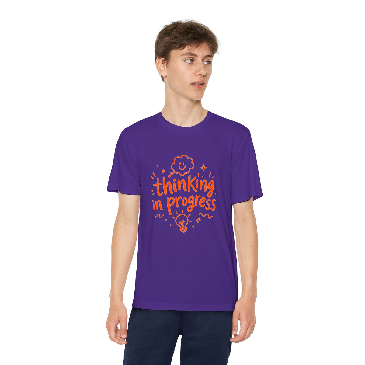 Youth T‑Shirt — "Thinking In Progress" Kids Graphic Tee (Cute Brain & Lightbulb Design)
