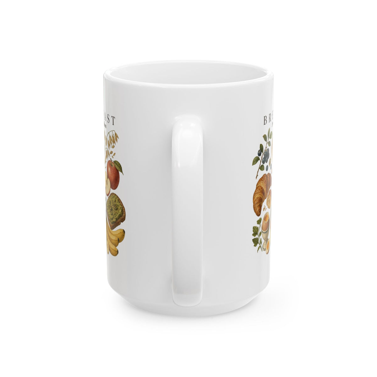 Breakfast Foods Ceramic Mug — Illustrated Fruits, Croissant & Eggs Coffee Cup (11oz/15oz)