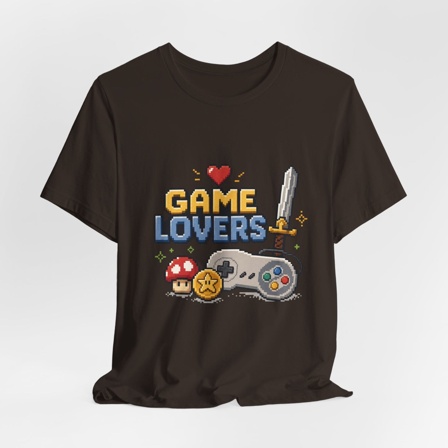 Game Lovers Pixel Art T-Shirt — Retro Controller, Sword & Power-Ups Tee