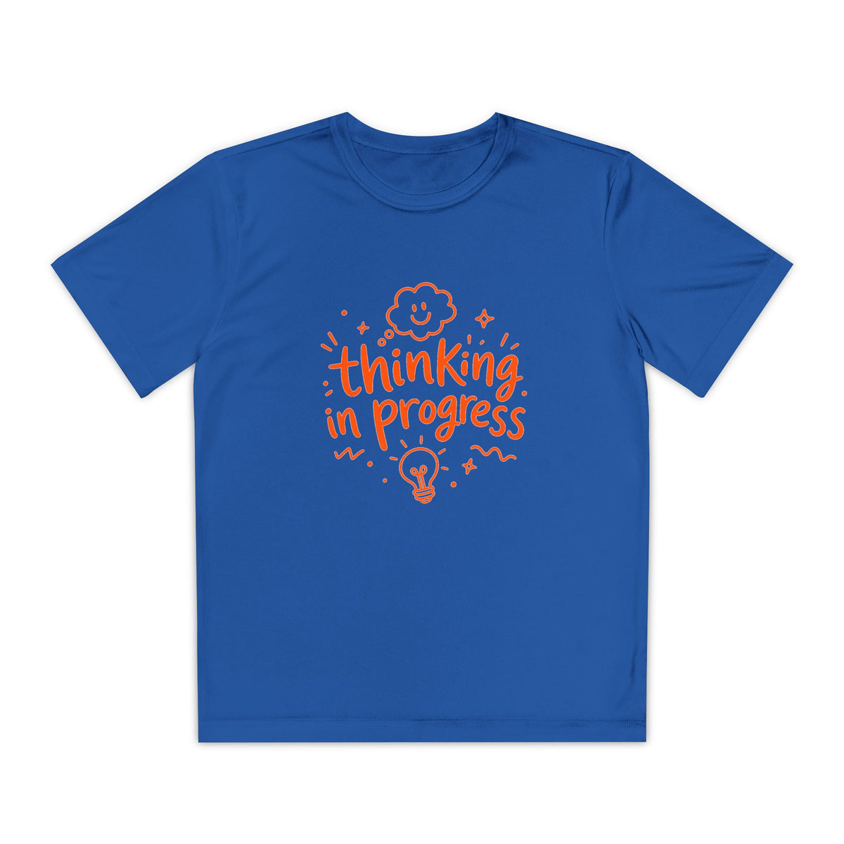 Youth T‑Shirt — "Thinking In Progress" Kids Graphic Tee (Cute Brain & Lightbulb Design)