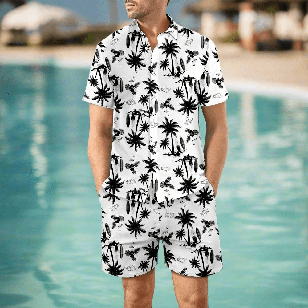 2Pcs Printed Beach Shirt Summer Suit Top And Drawstring Pockets Shorts Casual Short Sleeve Suits For Men Clothing