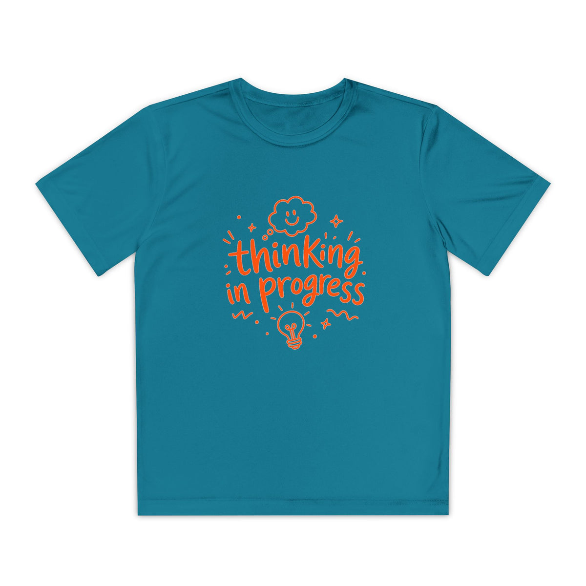 Youth T‑Shirt — "Thinking In Progress" Kids Graphic Tee (Cute Brain & Lightbulb Design)