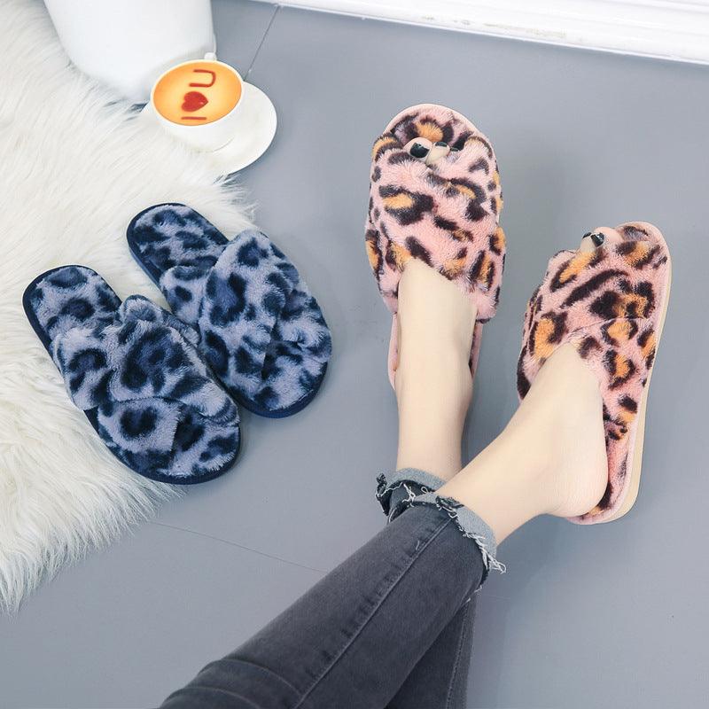 Cross-strap Fuzzy Slippers Leopard Plush House Shoes Flat Bedroom Slippers Slippers For Women - GIFTS EMPORIUM