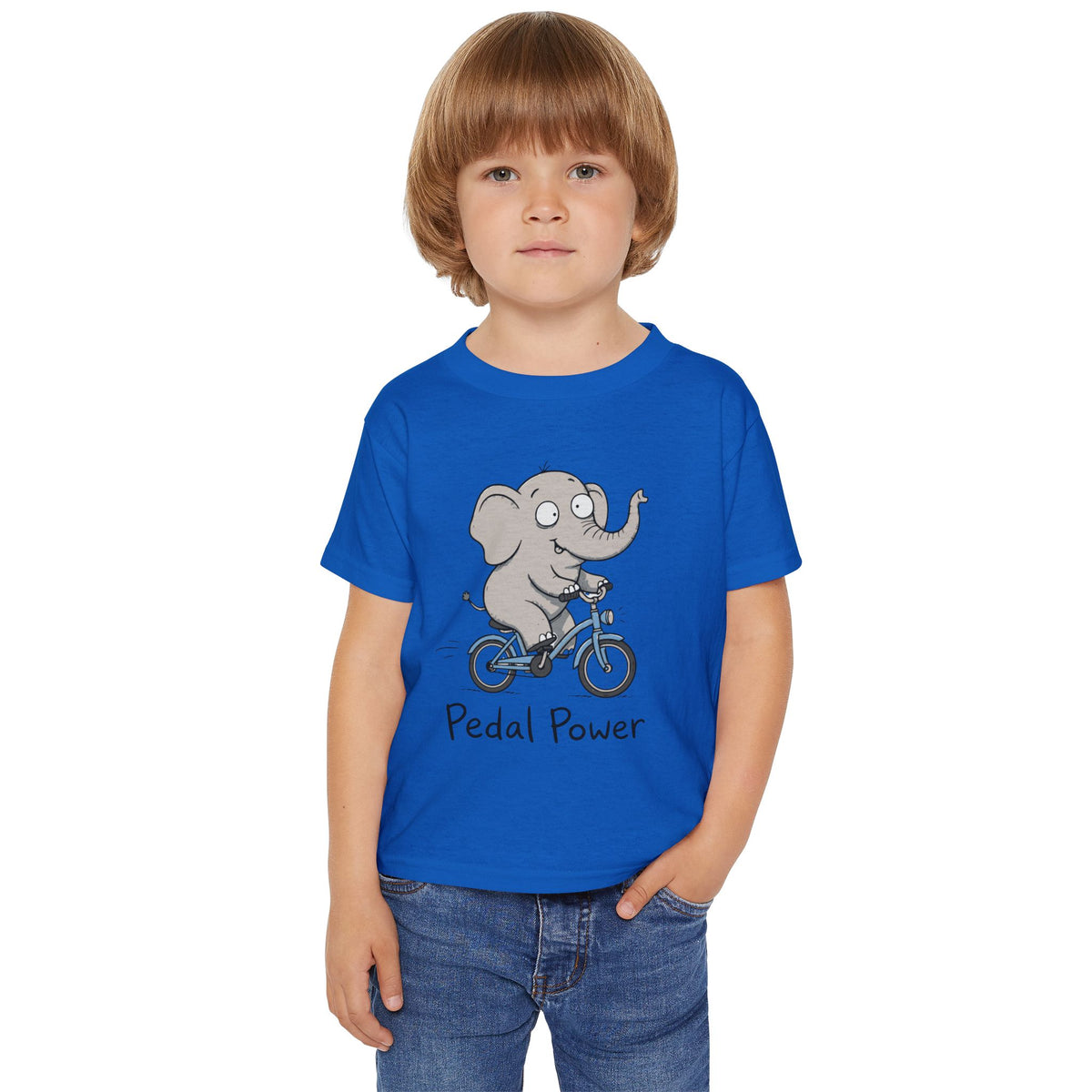 Toddler T‑Shirt — Cute Elephant on Bike “Pedal Power” (Kids’ Cute Bicycle Tee)
