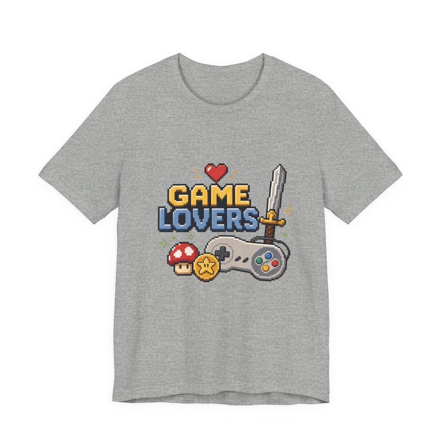 Game Lovers Pixel Art T-Shirt — Retro Controller, Sword & Power-Ups Tee