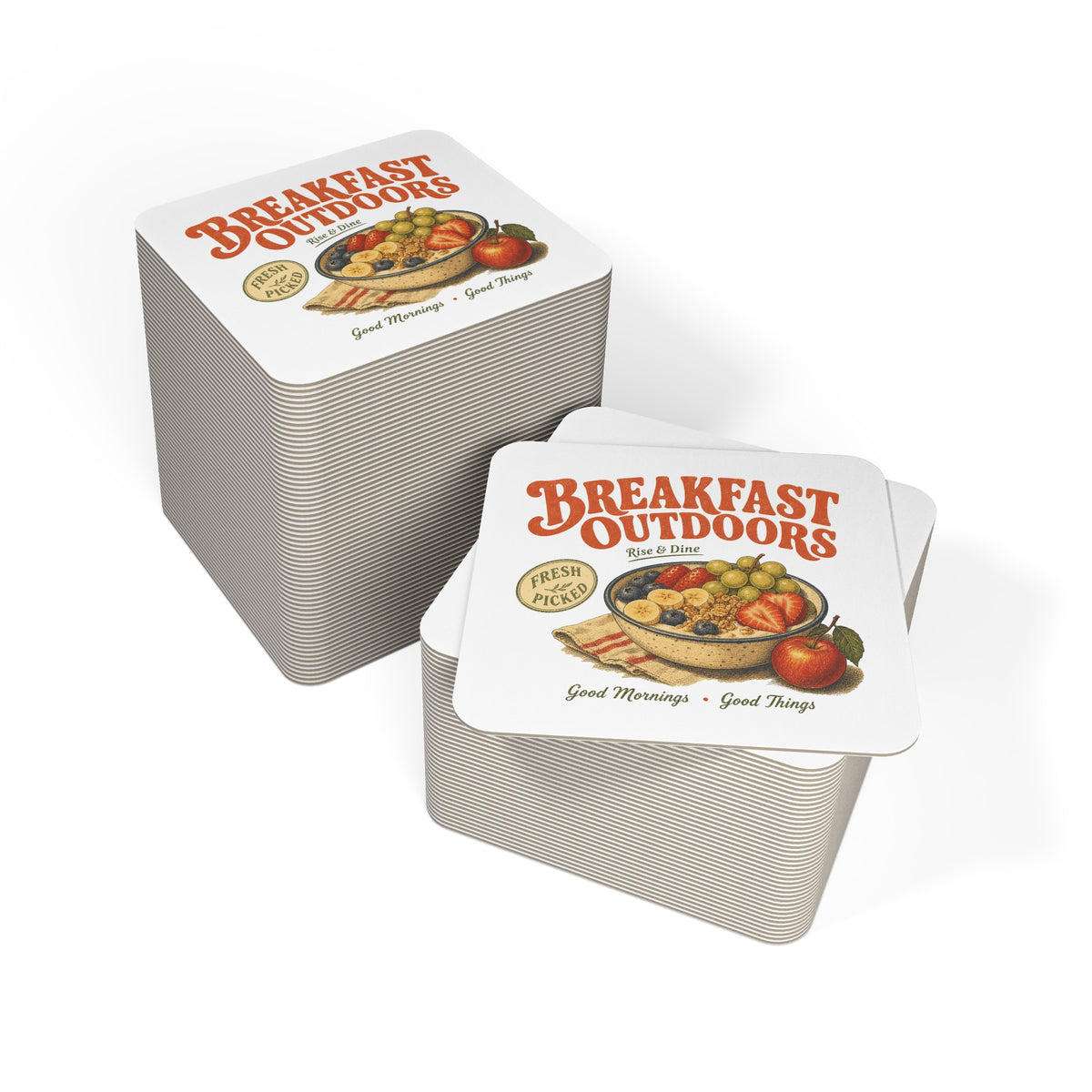Breakfast Outdoors Coasters — Retro Fruit Bowl Drink Coaster Set (50/100 pcs)