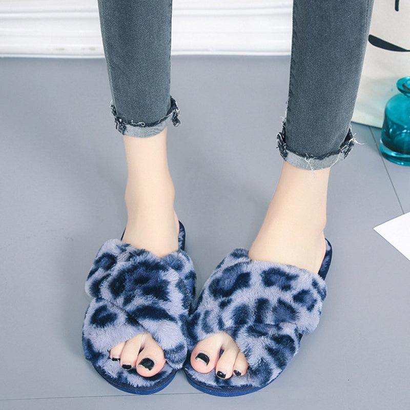 Cross-strap Fuzzy Slippers Leopard Plush House Shoes Flat Bedroom Slippers Slippers For Women - GIFTS EMPORIUM