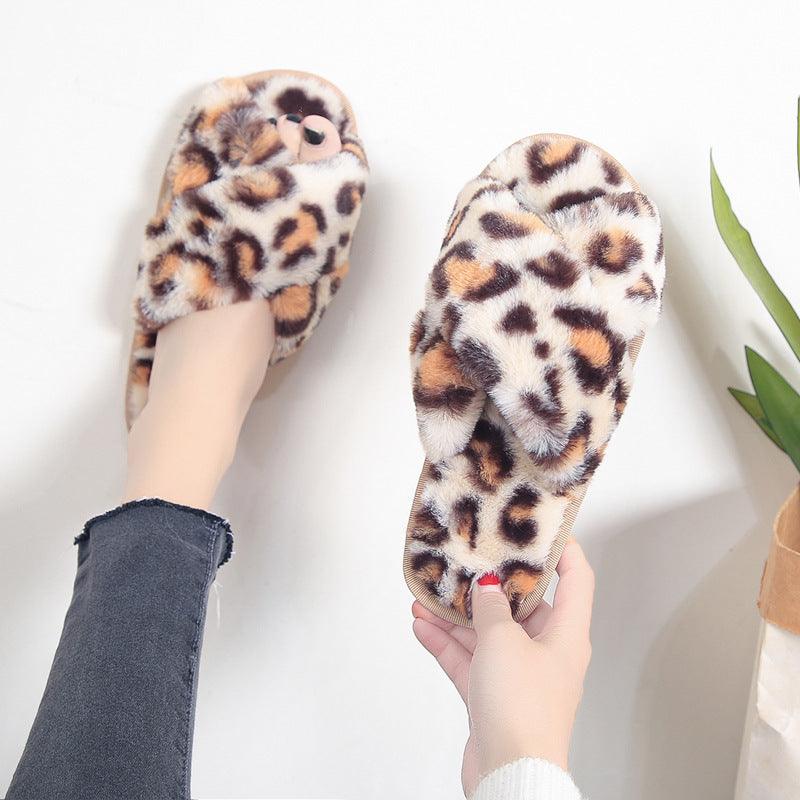 Cross-strap Fuzzy Slippers Leopard Plush House Shoes Flat Bedroom Slippers Slippers For Women - GIFTS EMPORIUM