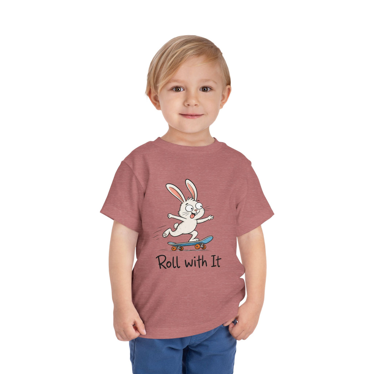 Toddler Tee — "Roll With It" Skateboarding Bunny Kids Shirt