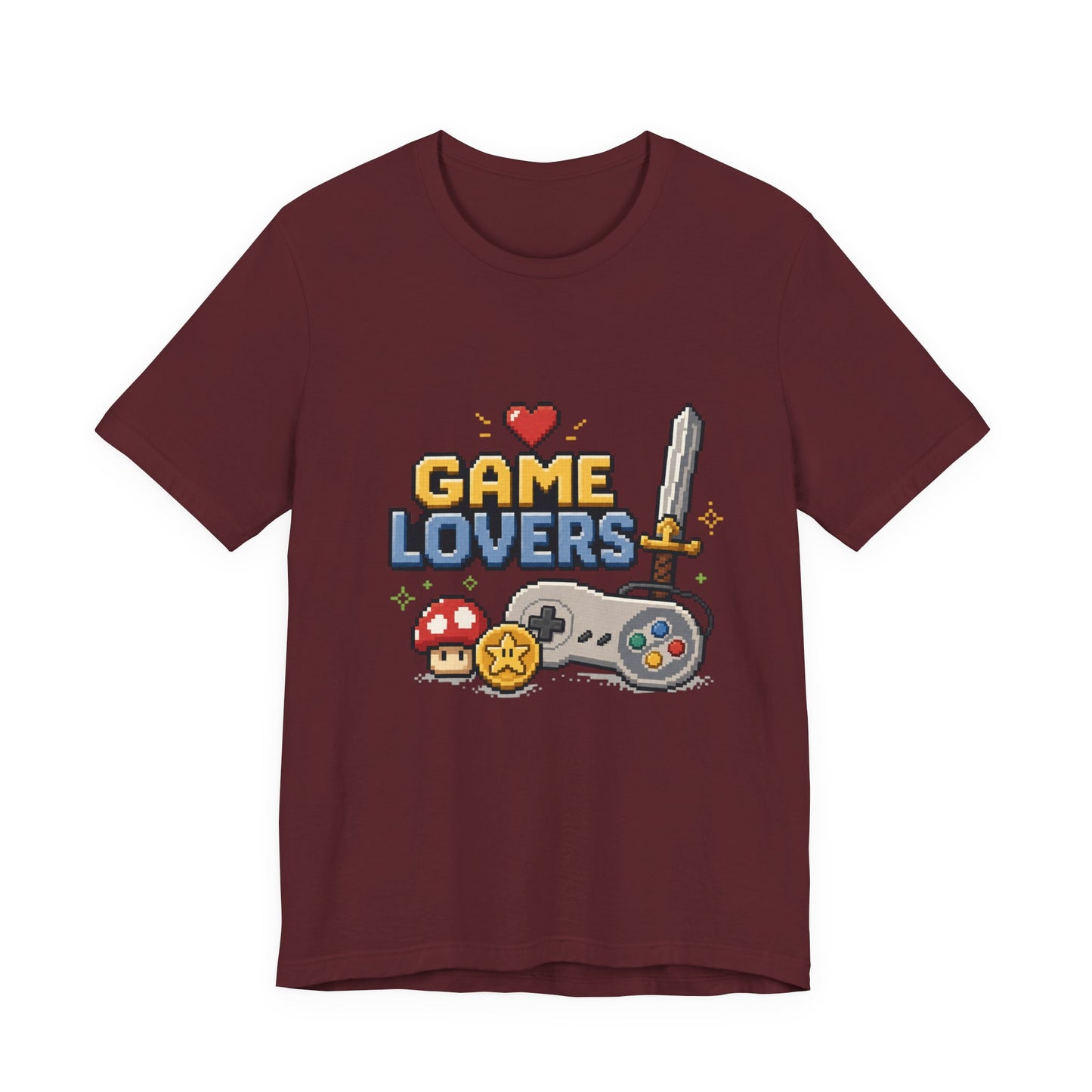 Game Lovers Pixel Art T-Shirt — Retro Controller, Sword & Power-Ups Tee