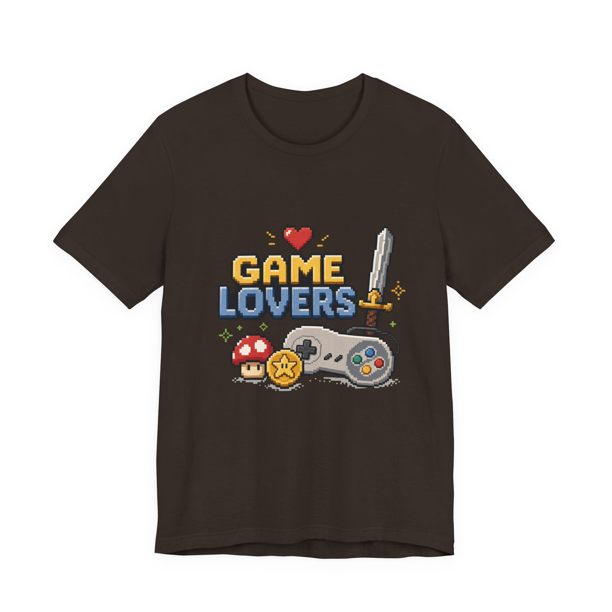 Game Lovers Pixel Art T-Shirt — Retro Controller, Sword & Power-Ups Tee