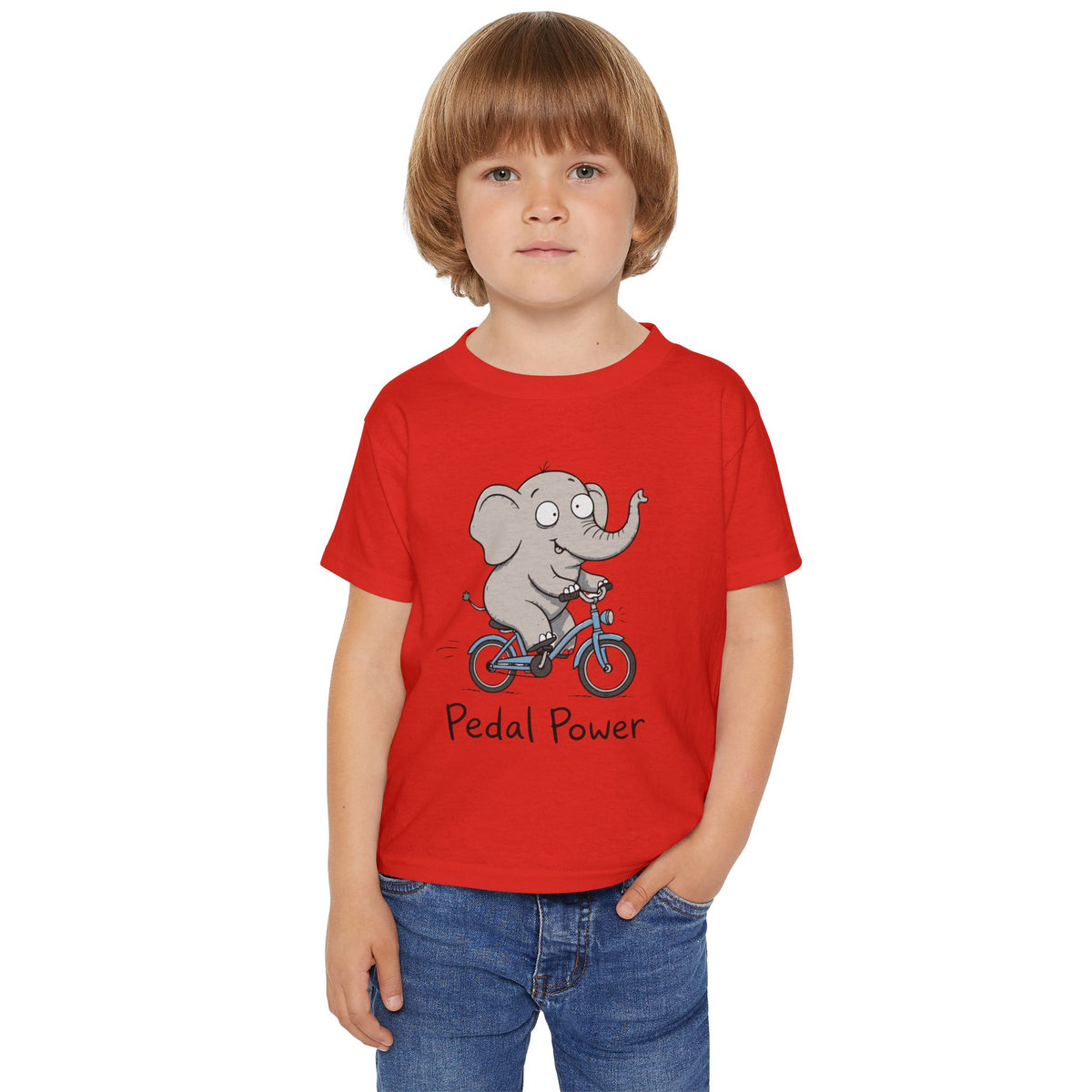 Toddler T‑Shirt — Cute Elephant on Bike “Pedal Power” (Kids’ Cute Bicycle Tee)