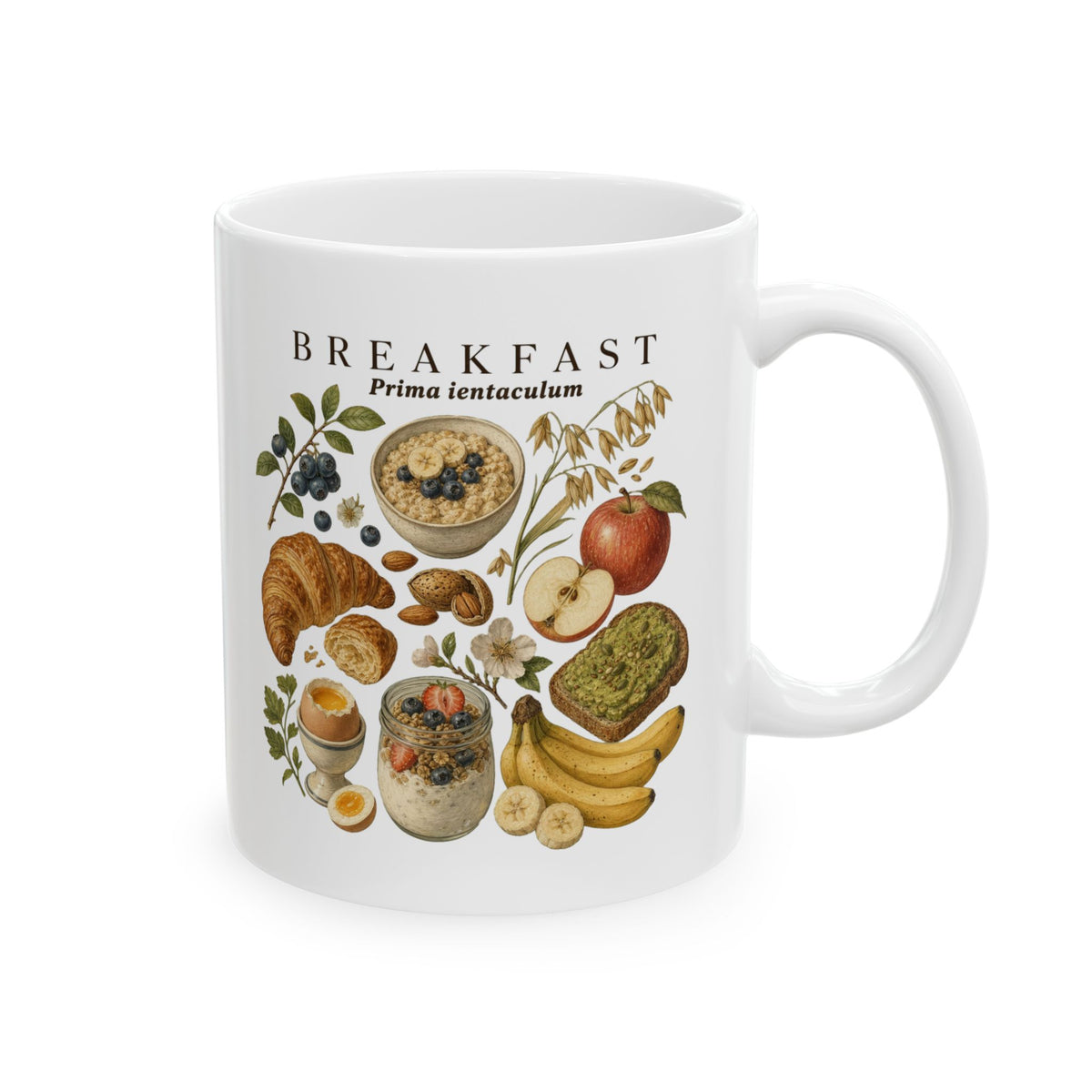 Breakfast Foods Ceramic Mug — Illustrated Fruits, Croissant & Eggs Coffee Cup (11oz/15oz)
