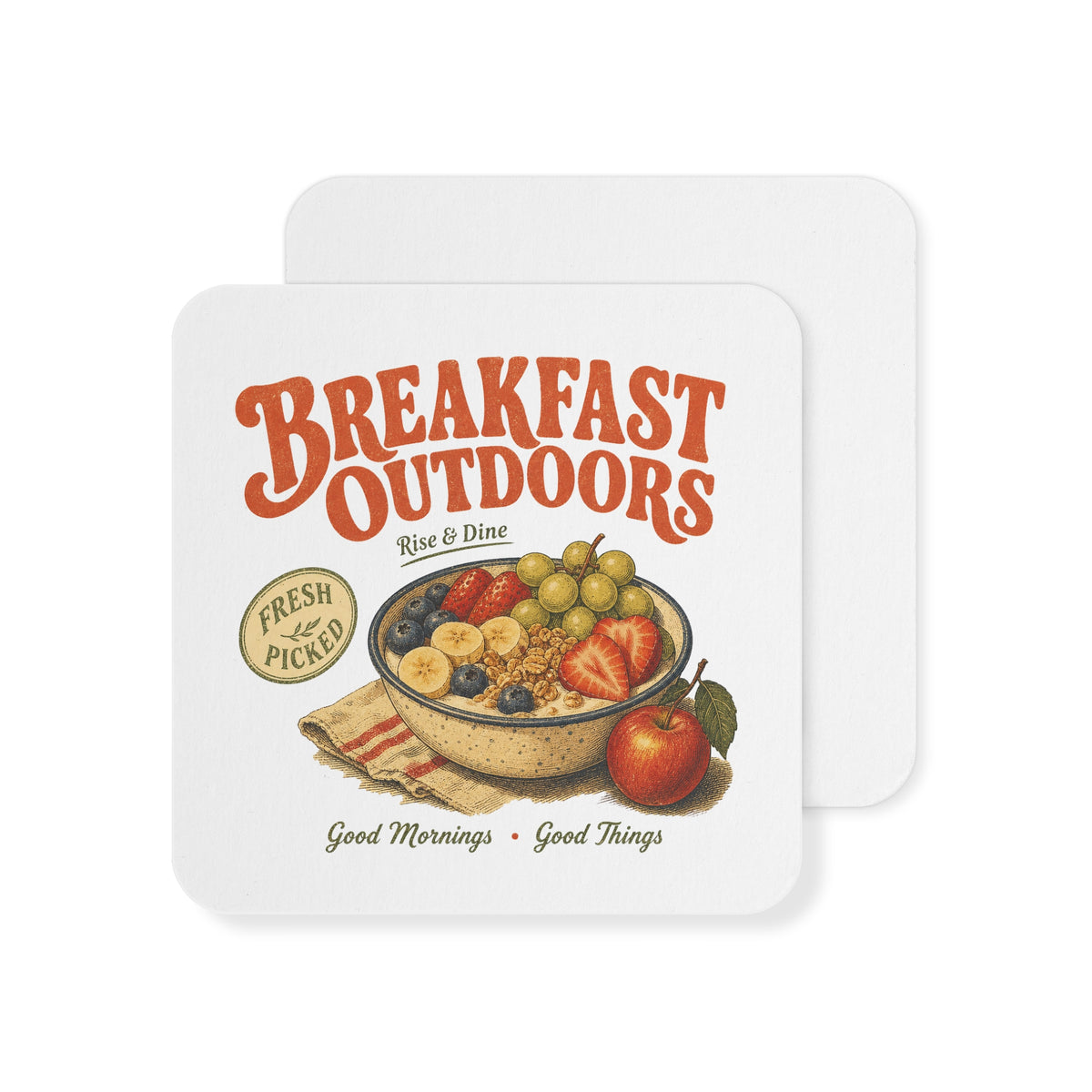Breakfast Outdoors Coasters — Retro Fruit Bowl Drink Coaster Set (50/100 pcs)