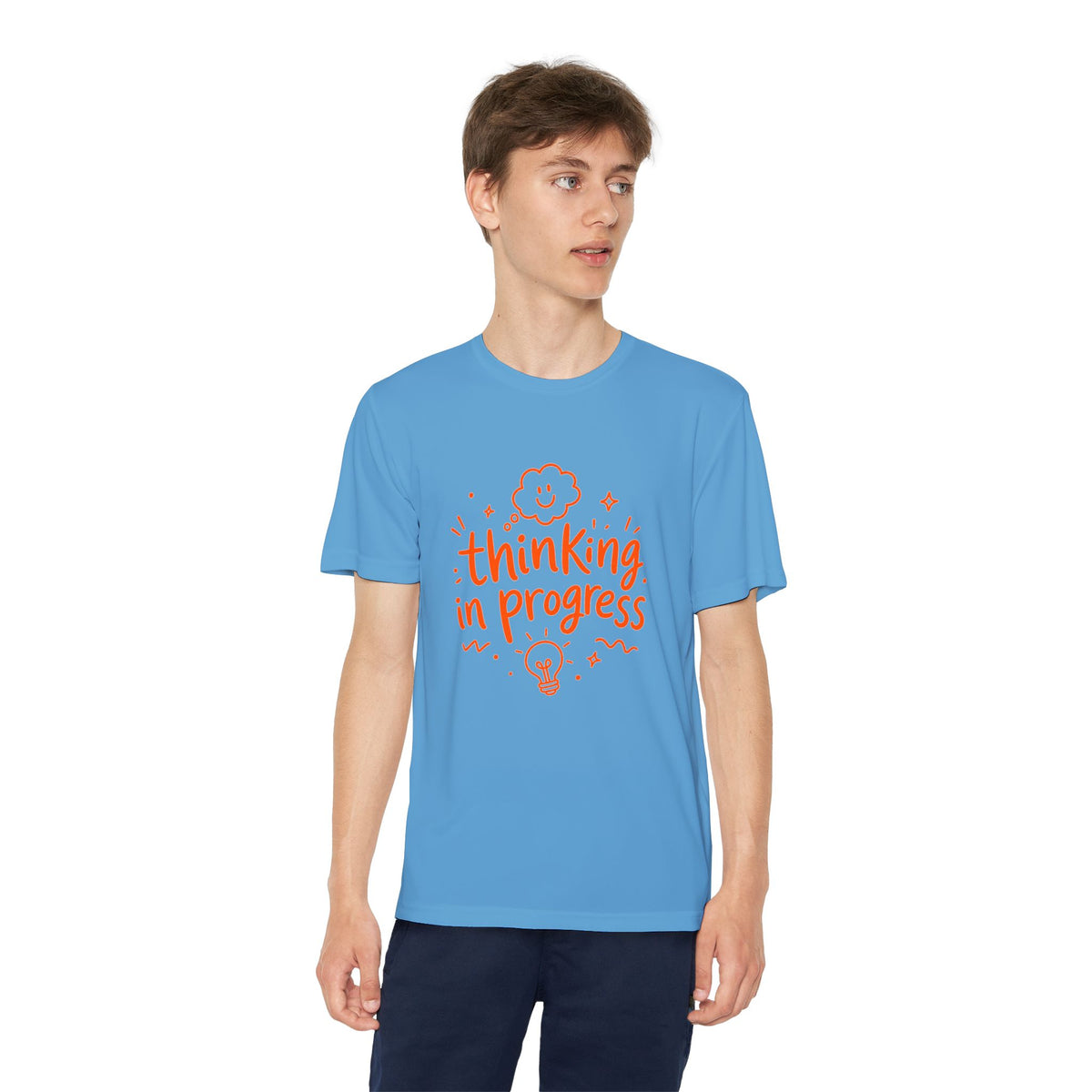 Youth T‑Shirt — "Thinking In Progress" Kids Graphic Tee (Cute Brain & Lightbulb Design)