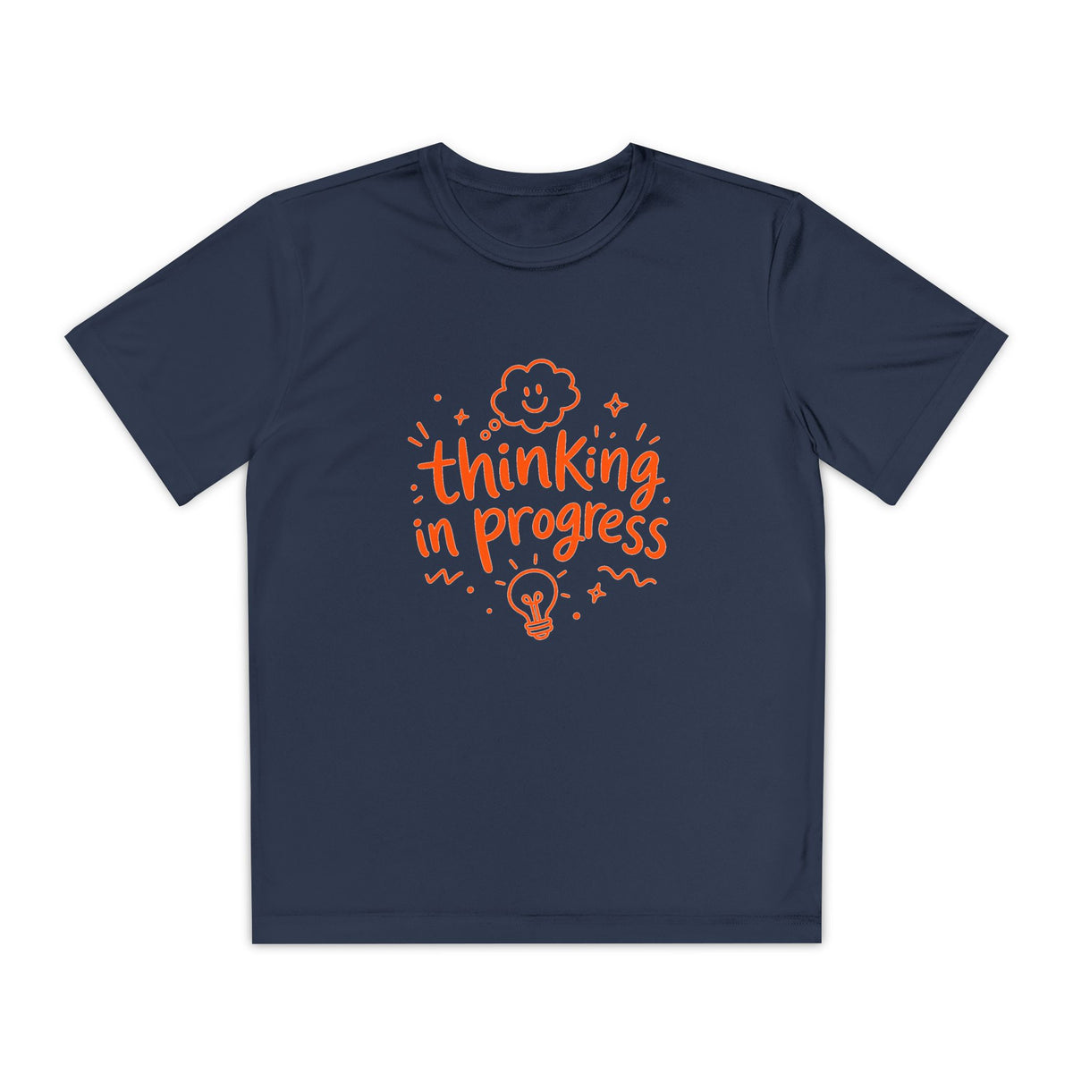 Youth T‑Shirt — "Thinking In Progress" Kids Graphic Tee (Cute Brain & Lightbulb Design)