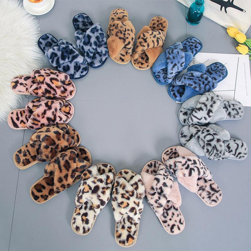 Cross-strap Fuzzy Slippers Leopard Plush House Shoes Flat Bedroom Slippers Slippers For Women - GIFTS EMPORIUM