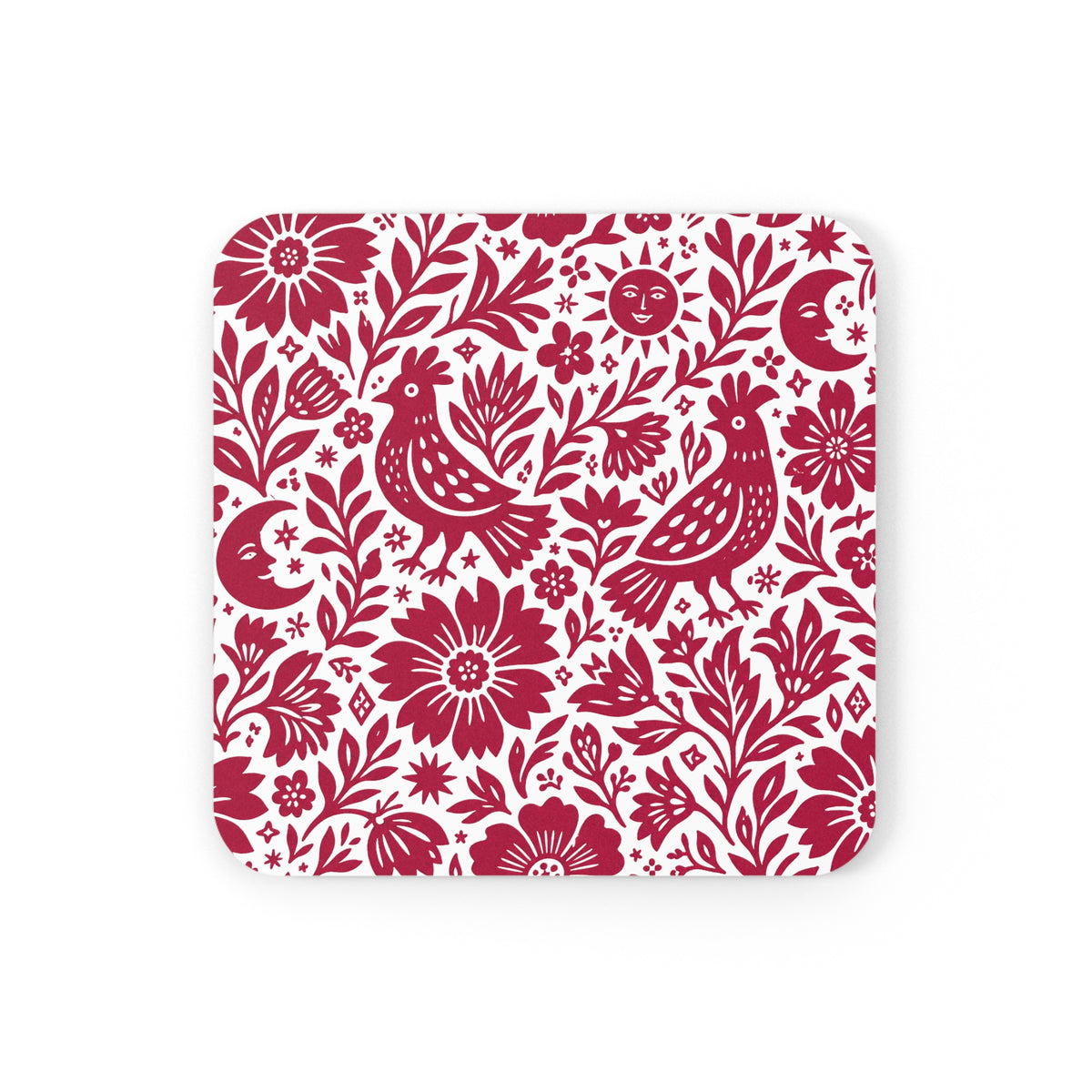 Round Cork Coaster — Red Folk Bird & Floral Design