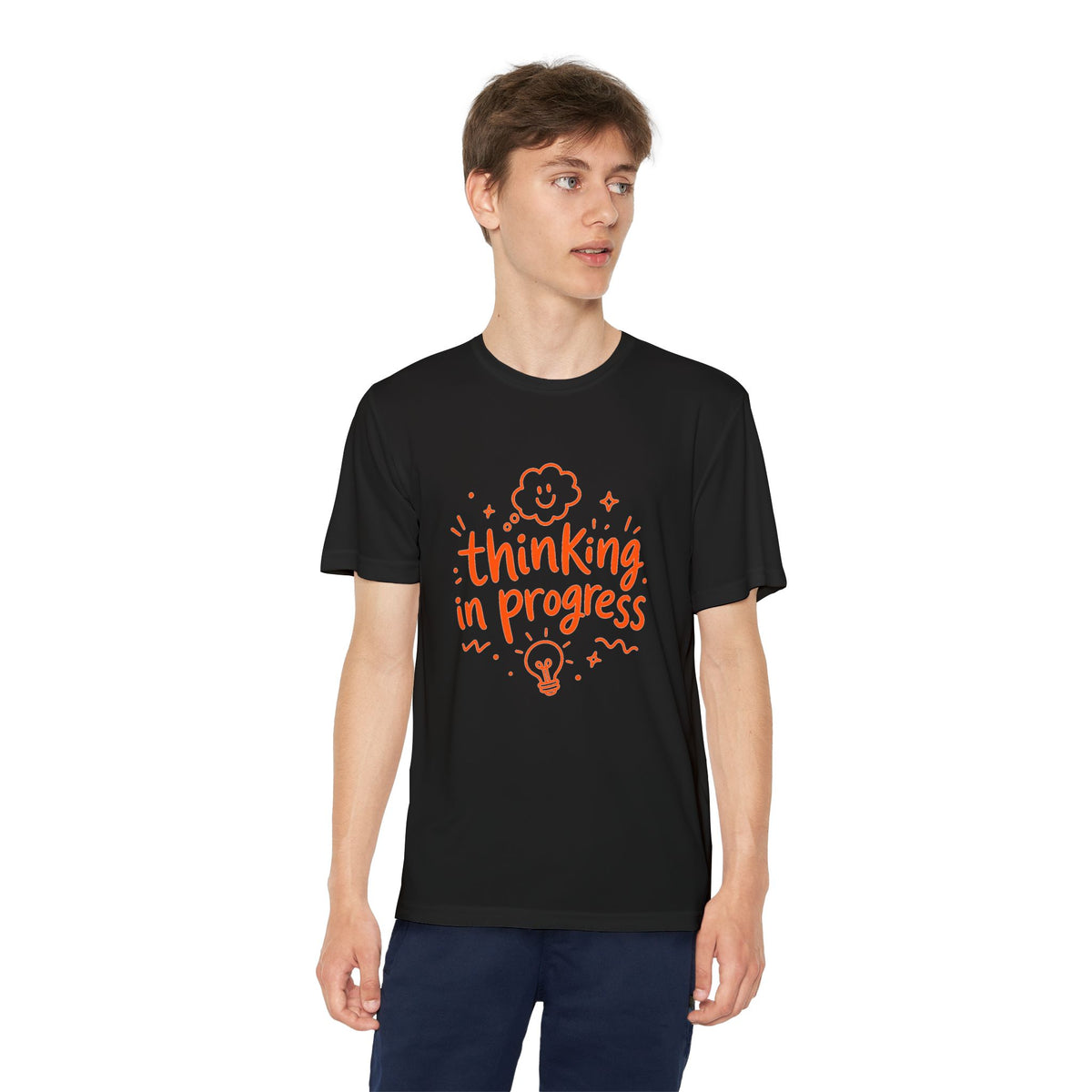 Youth T‑Shirt — "Thinking In Progress" Kids Graphic Tee (Cute Brain & Lightbulb Design)
