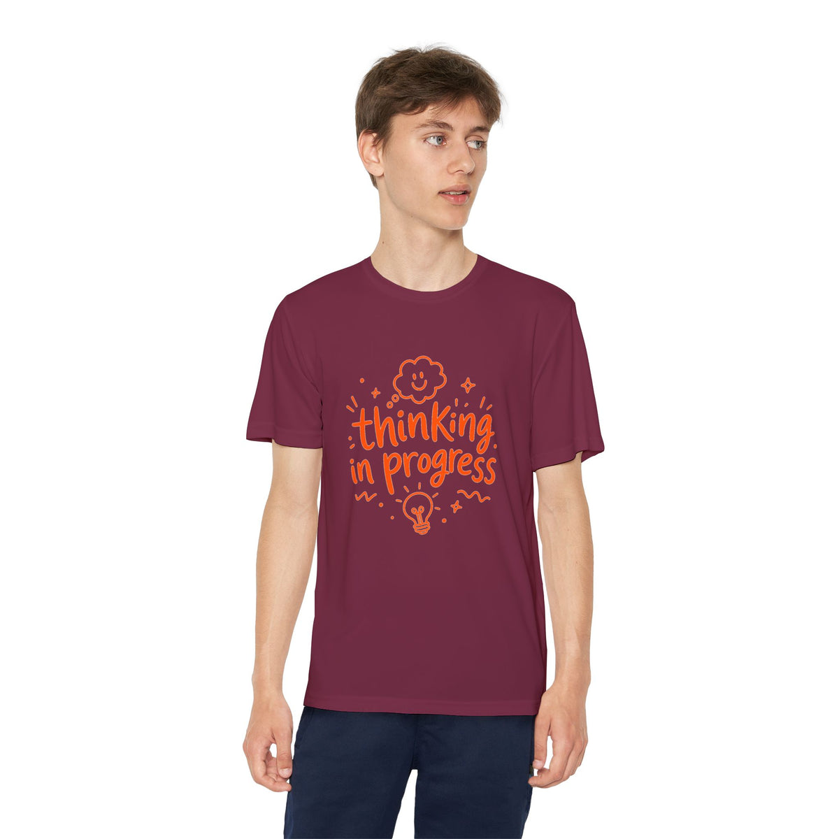 Youth T‑Shirt — "Thinking In Progress" Kids Graphic Tee (Cute Brain & Lightbulb Design)