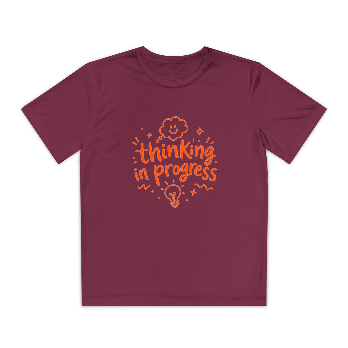 Youth T‑Shirt — "Thinking In Progress" Kids Graphic Tee (Cute Brain & Lightbulb Design)