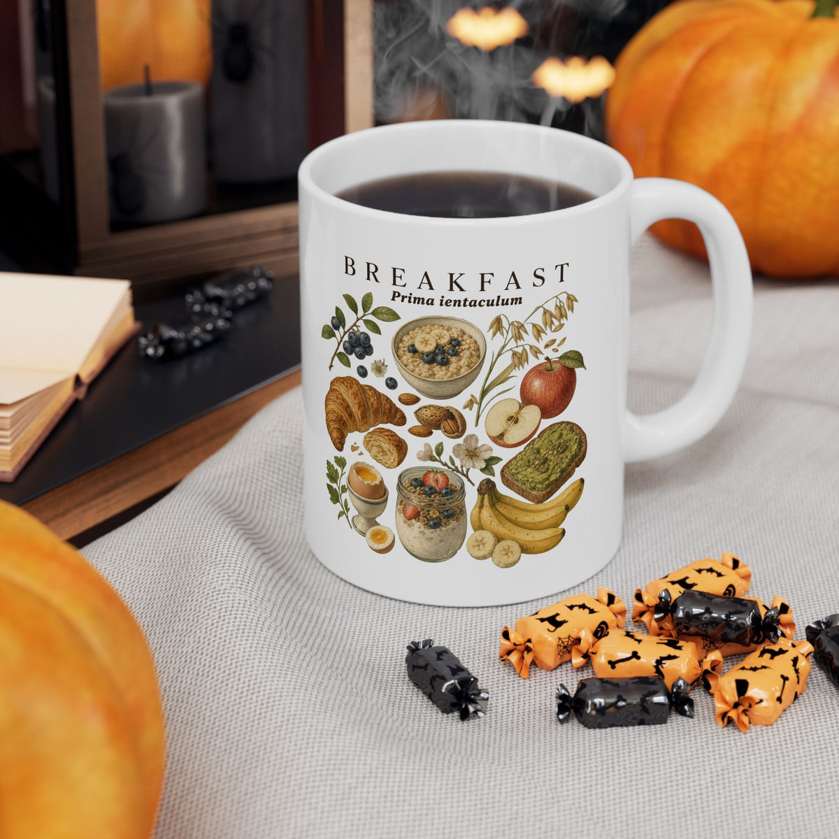 Breakfast Foods Ceramic Mug — Illustrated Fruits, Croissant & Eggs Coffee Cup (11oz/15oz)