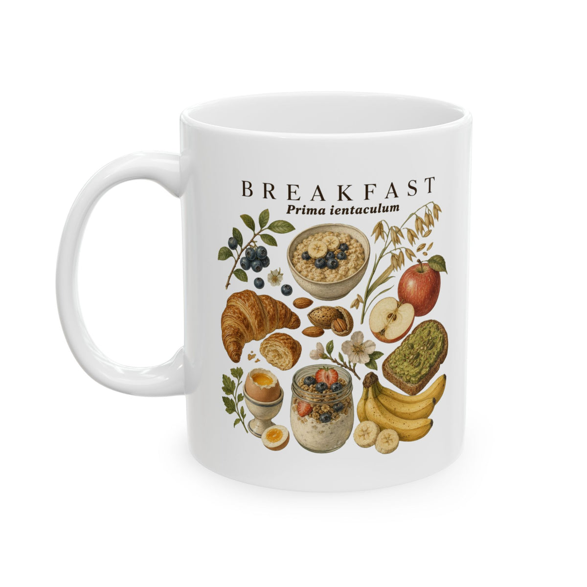 Breakfast Foods Ceramic Mug — Illustrated Fruits, Croissant & Eggs Coffee Cup (11oz/15oz)
