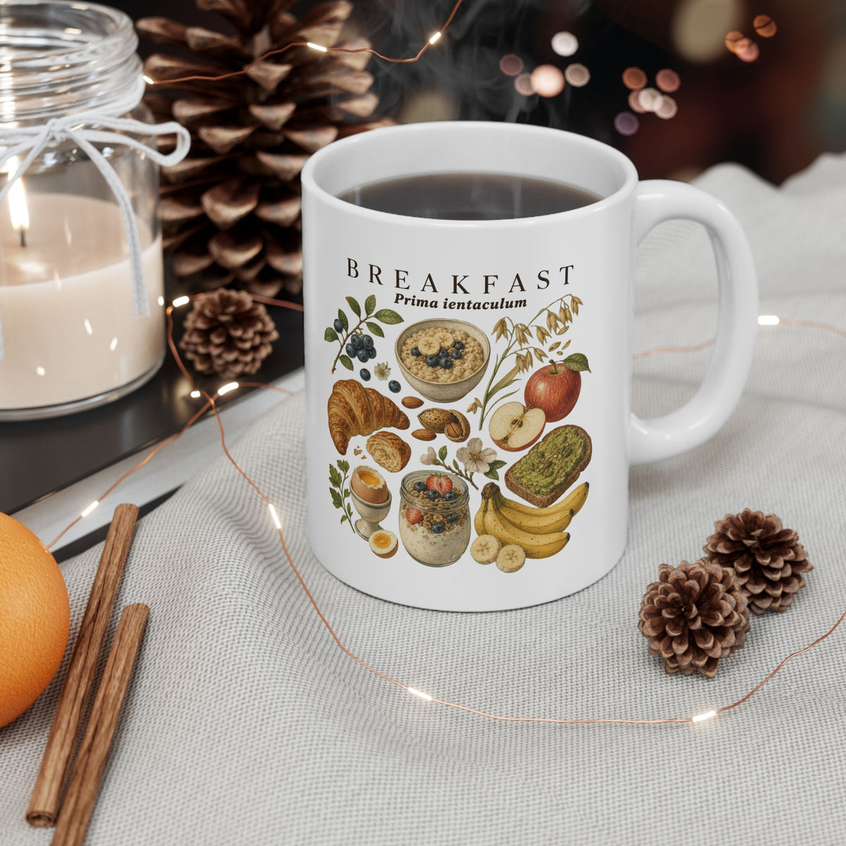 Breakfast Foods Ceramic Mug — Illustrated Fruits, Croissant & Eggs Coffee Cup (11oz/15oz)