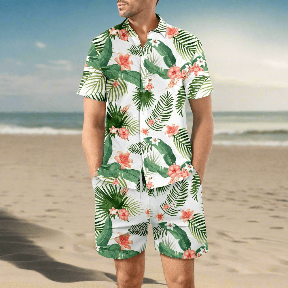 2Pcs Printed Beach Shirt Summer Suit Top And Drawstring Pockets Shorts Casual Short Sleeve Suits For Men Clothing