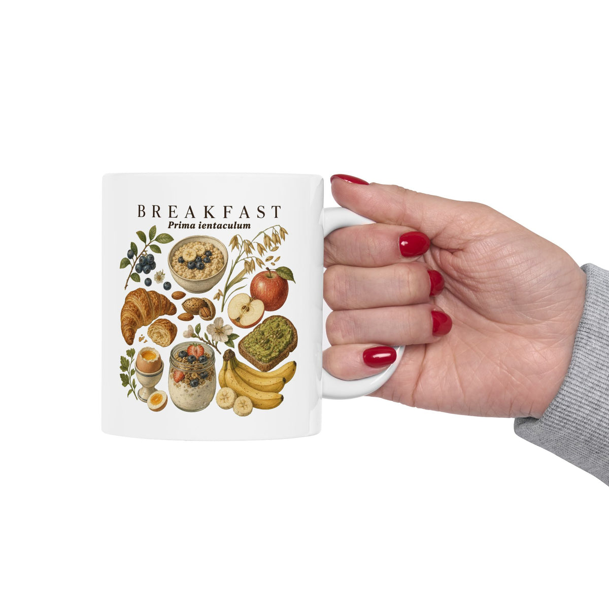 Breakfast Foods Ceramic Mug — Illustrated Fruits, Croissant & Eggs Coffee Cup (11oz/15oz)